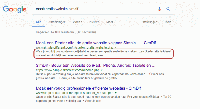 De <Omschrijving van de pagina> wordt hier weergegeven in Google. Jouw korte beschrijving zal lezers helpen te beslissen of ze de pagina willen bezoeken.